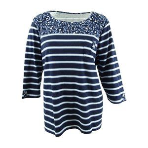 Karen Scott Top Womens Plus Blue Striped 3/4 Sleeve Floral Print Knit T-Shirt